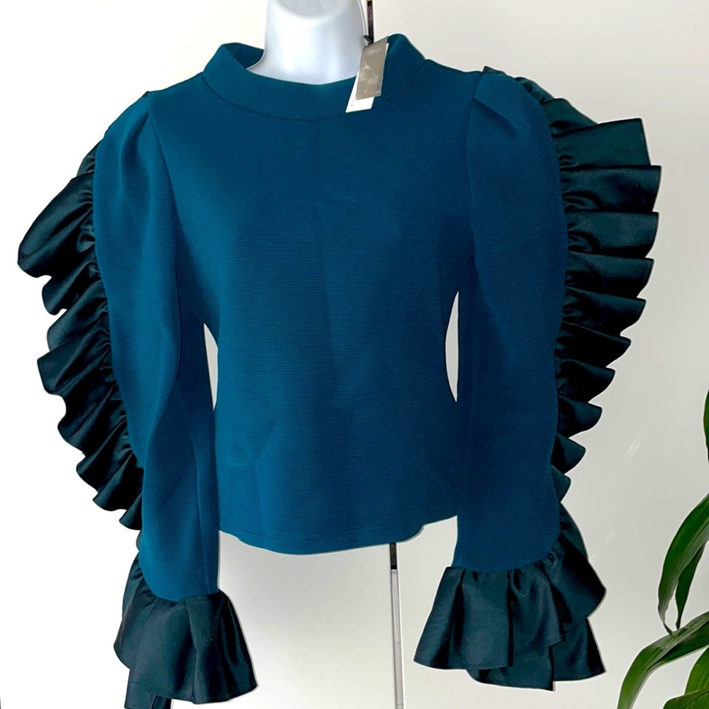 NWT Katharine Kidd designer teal ruffle long sleeved blouse top XS s